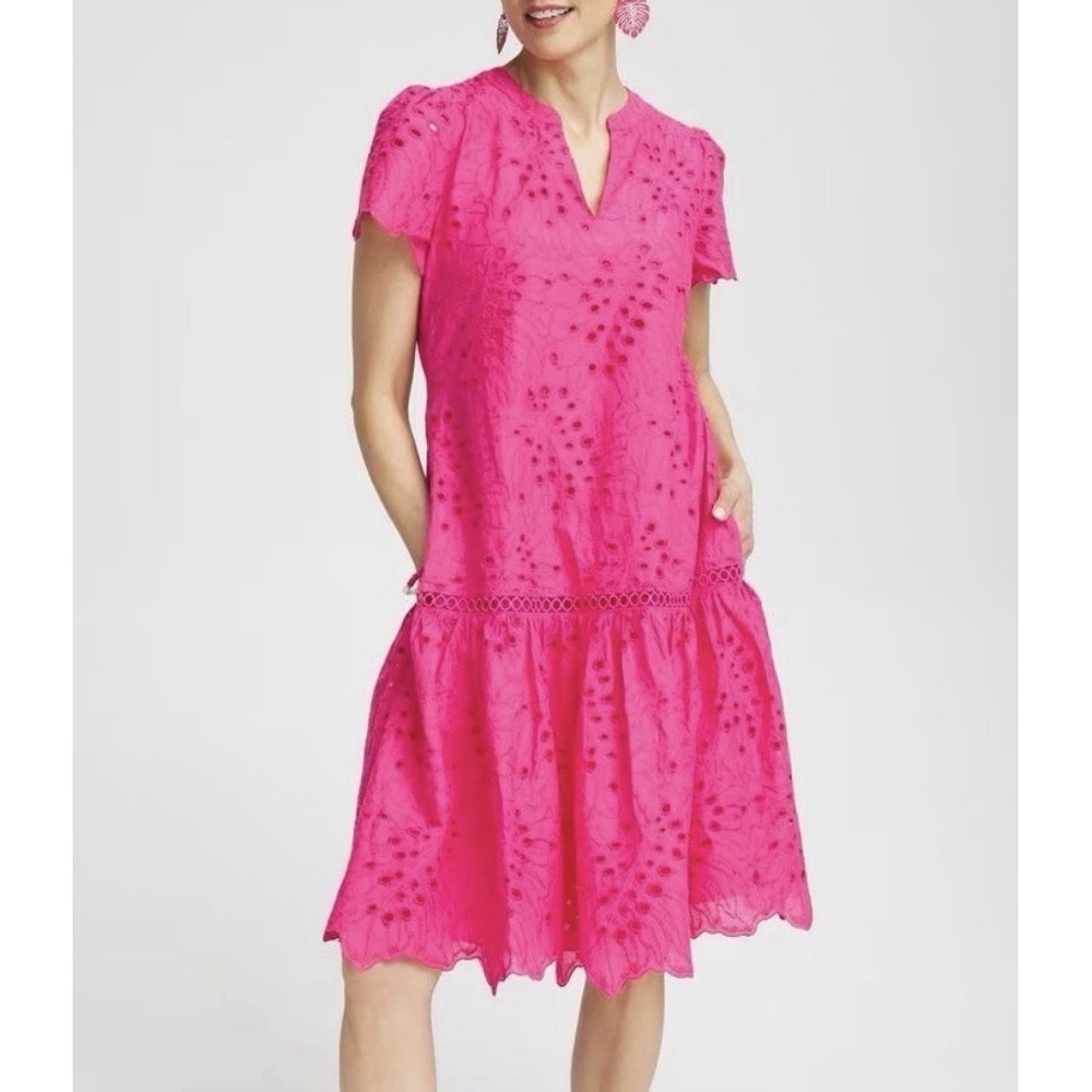 CHICO'S SZ.3/XLPink Bromeliad Eyelet Lace Popover Tiered‎ Midi Dress Pockets NWT